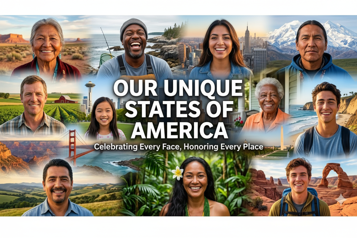Collage of people with scenic backgrounds, featuring the text 'Our Unique States of America'.